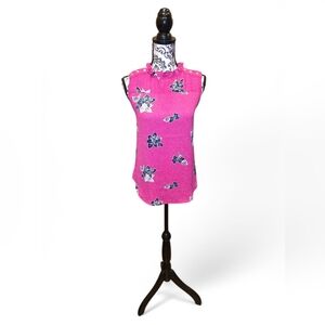 Loft By Ann Taylor Sheer High Neck Floral Sleeveless Blouse In Hot Pink Size S
